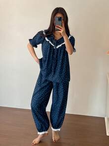 DAZY Bộ đồ ngủ nữ chấm bi viền ren, kiểu dáng thường ngày, gồm áo và quần, thích hợp mặc ở nhà. - Màu xanh hải quân - Xem 5