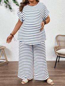 Plussiva Bộ đồ bầu cỡ lớn gồm áo thun ngắn tay kẻ sọc và quần ống rộng, kiểu dáng thường ngày, gồm 2 món. - Màu xanh lam - Xem 3