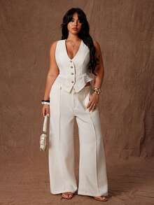 Rustia Conjunto de 2 piezas de talla grande para mujer, estilo vintage primavera/verano, cómodo, con cuello en V francés, romántico, de alta gama: chaleco ceñido + pantalones de pierna ancha con cintura elástica alta, adecuado para salidas diarias, temporada de regreso a clases, fiestas de regreso a clases, atuendo de oficina, conjunto de traje, adecuado para primavera y verano - Albaricoque - Ver 5