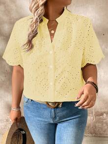 Momelise Plus Size Women Embroidered Hollow-Out Button-Down Shirt, Short Sleeve - Light Yellow - View 3