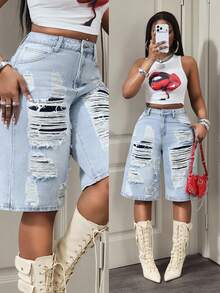 BamGleam Cowgirl Loose Fit Light Blue Distressed Denim Shorts With Frayed Hem, Non-Stretch - Light Wash - View 6