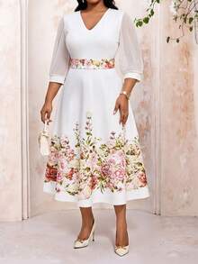 Fleurora Robe mi-longue élégante pour femmes grandes tailles, imprimé floral, col V, patchwork en maille, manches 3/4 - Multicolore - Voir 7