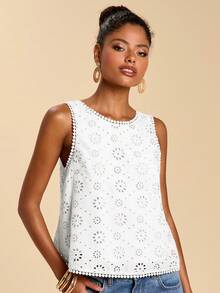 Travachic Women's Solid Color Hollow Embroidered Round Neck Backless Casual Tank Top,Summer Top - White - View 5