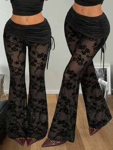 Coolane 夏季女装休闲音乐节街头风复古Y2K嬉皮朋克网眼印花透视弹力舒适抽绳黑色喇叭裤，性感长裤，女士喇叭打底裤，比基尼罩裤 - 黑色 - 查看 3