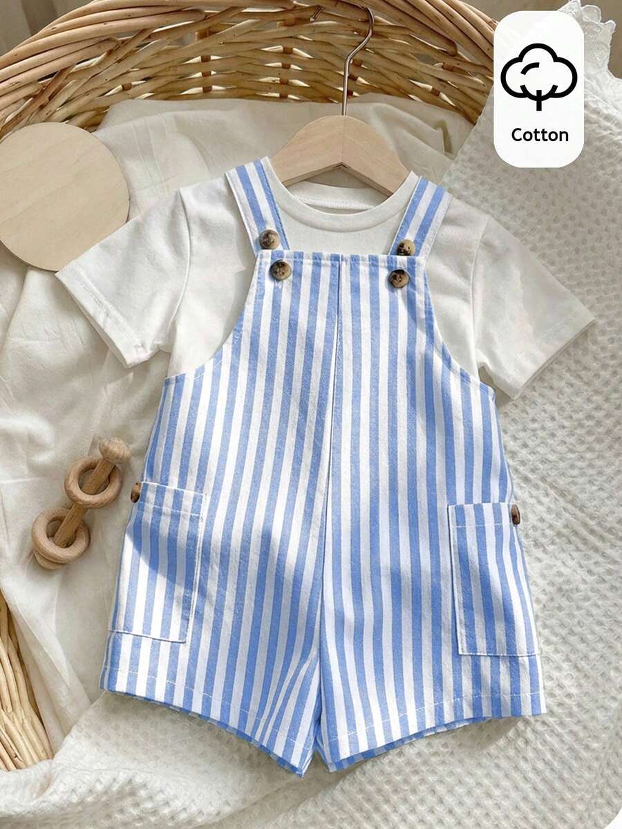 SHEIN Newborn Baby Boy/Girl Cute Striped Romper, Versatile For Spring/Summer Indoor, Outdoor, Daily, Sports, Play, Party, Photo Shoot, Holiday - Blue - View 1