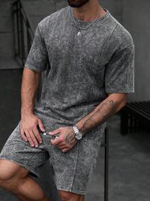 SLATEMANN 男士休闲圆领短袖T恤搭配抽绳短裤，适合通勤穿着。 - 灰色 - 查看 3