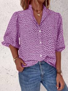 EMERY ROSE Floral Single Button Casual Daily Mid-Sleeve Shirt For New Year Clothes - Purple - View 4
