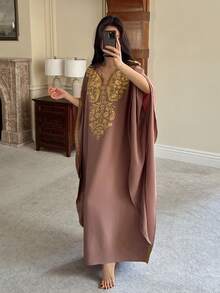 DAZY Robe ample à col en V et manches longues, robe de nuit pour femmes pour le printemps & l'été, pyjama - Tabac - Voir 4