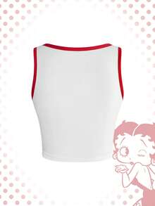 Betty Boop | ROMWE Bộ đồ ngủ thường ngày in kỹ thuật số IP Collab gồm áo hai dây và quần short viền tương phản. - trắng - Xem 6