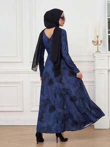Calvaya Women's Elegant Tie Dye Print Mesh Elastic Waist Ruched Flared Hem Long Sleeve Dress - Navy Blue - View 2