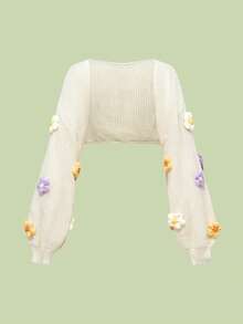 ROMWE Kawaii Plus Size Women Casual Layered Cute Crochet 3D Floral Decor Lantern Sleeve Cardigan Shrug, Versatile & Lightweight For Summer - Apricot - View 5