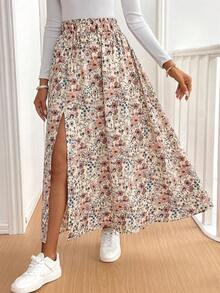SHEIN PETITE CURVE Chân váy dài cỡ lớn màu đen in hoa phong cách Bohemian, kiểu dáng retro, thích hợp cho kỳ nghỉ, lễ hội âm nhạc, du lịch biển, quà tặng cho mẹ, phù hợp cho mọi mùa. - Nhiều màu - Xem 4
