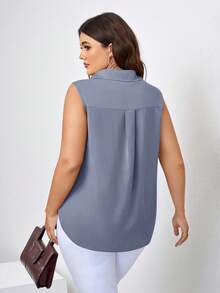 SHEIN Clasi Plus Size Solid Color Asymmetric Hem Sleeveless Button-Up Shirt - Dusty Blue - View 2