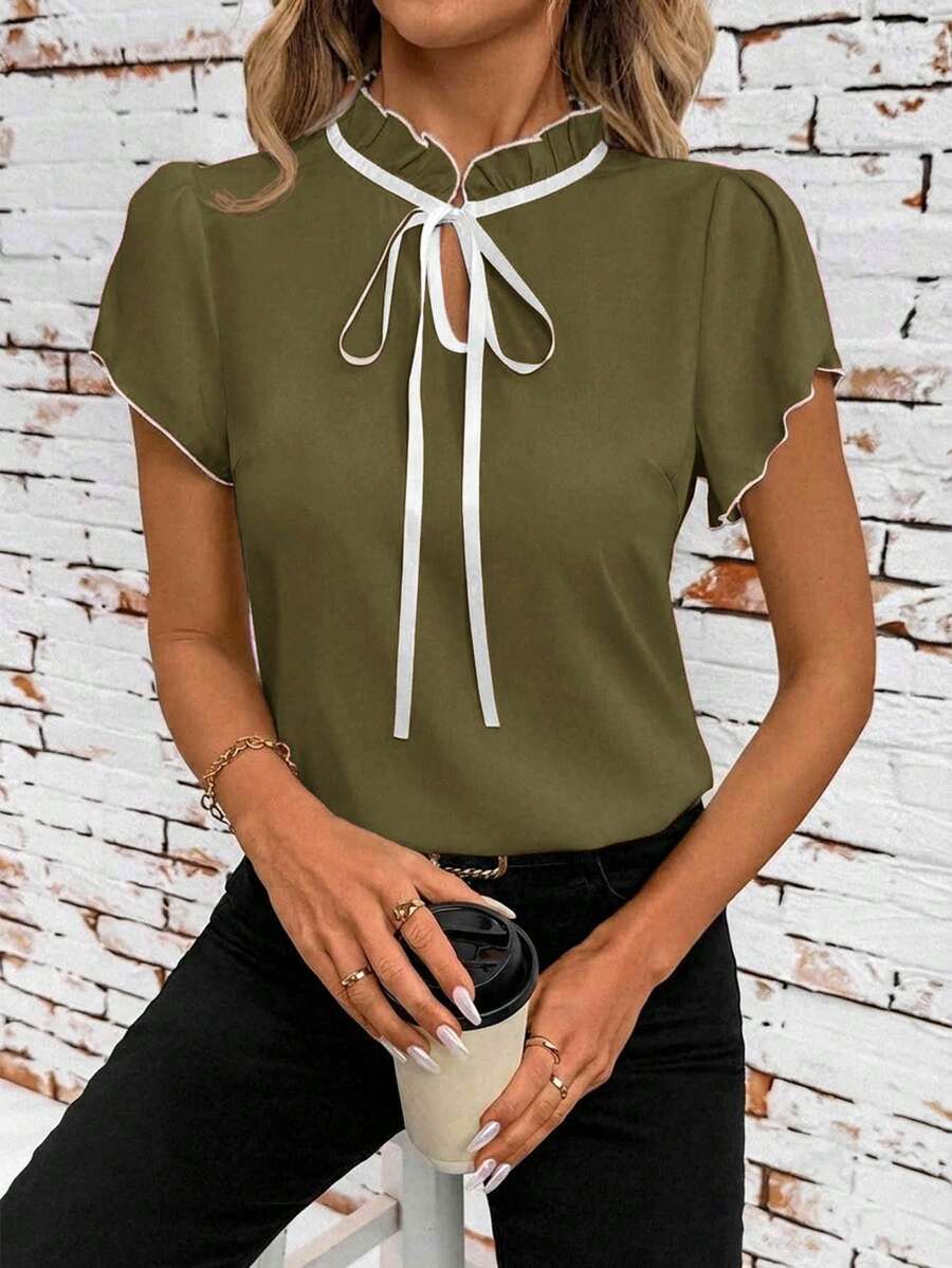 SHEIN Clasi Figurbetonte Damen-Bluse mit Kontrastfarbe und kurzen Ärmeln, Olivgrün, elegant, smart casual, Büro, Sommeroutfit, Lehrerin, Country-Stil, Lehrertag - Armeegrün - Übersicht 1