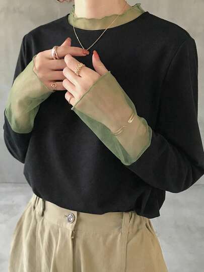 FRIFUL T-shirt ample et polyvalent en tissu maille à pois transparente avec patchwork de couleur unie