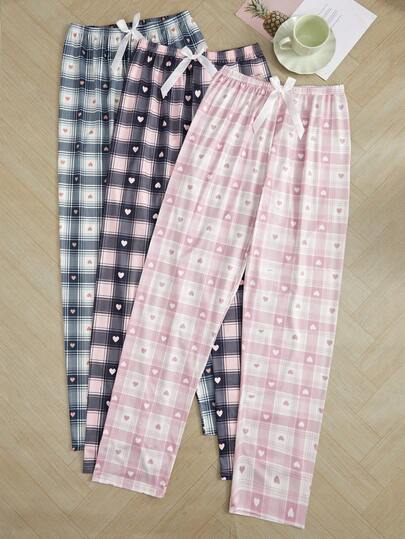 3pcs/set Teen Girls' Plaid Heart Printed Lounge Pants