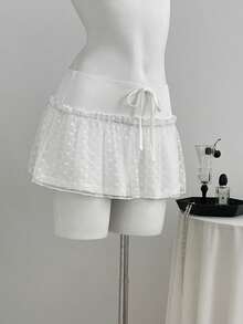 Sexy Lace Trim Jacquard Mini Skirt, Versatile Low Waist A-Line Hem Skirt - White - View 4