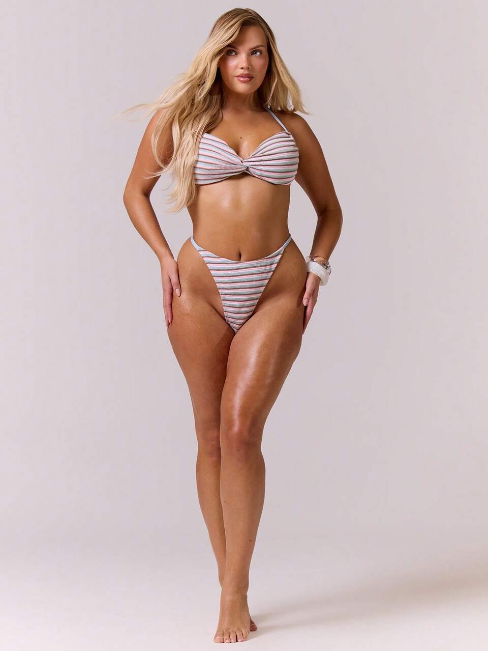 Curve Striped Twist Detail Halterneck Bikini Top Only Summer Swim Beach Vacation Everyday Sexy Cute Travel Bambola Print