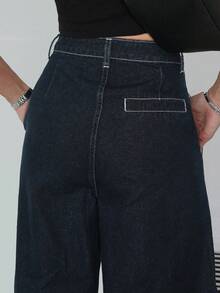 Quần jeans nữ ống rộng có túi, dáng suông, đa năng. - Màu xanh lam - Xem 5