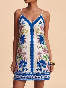 SHEIN TRVLCHIC Spring/Summer Vacation Chiffon Printed Spaghetti Strap Mini Dress For Women - Multicolor - View 5