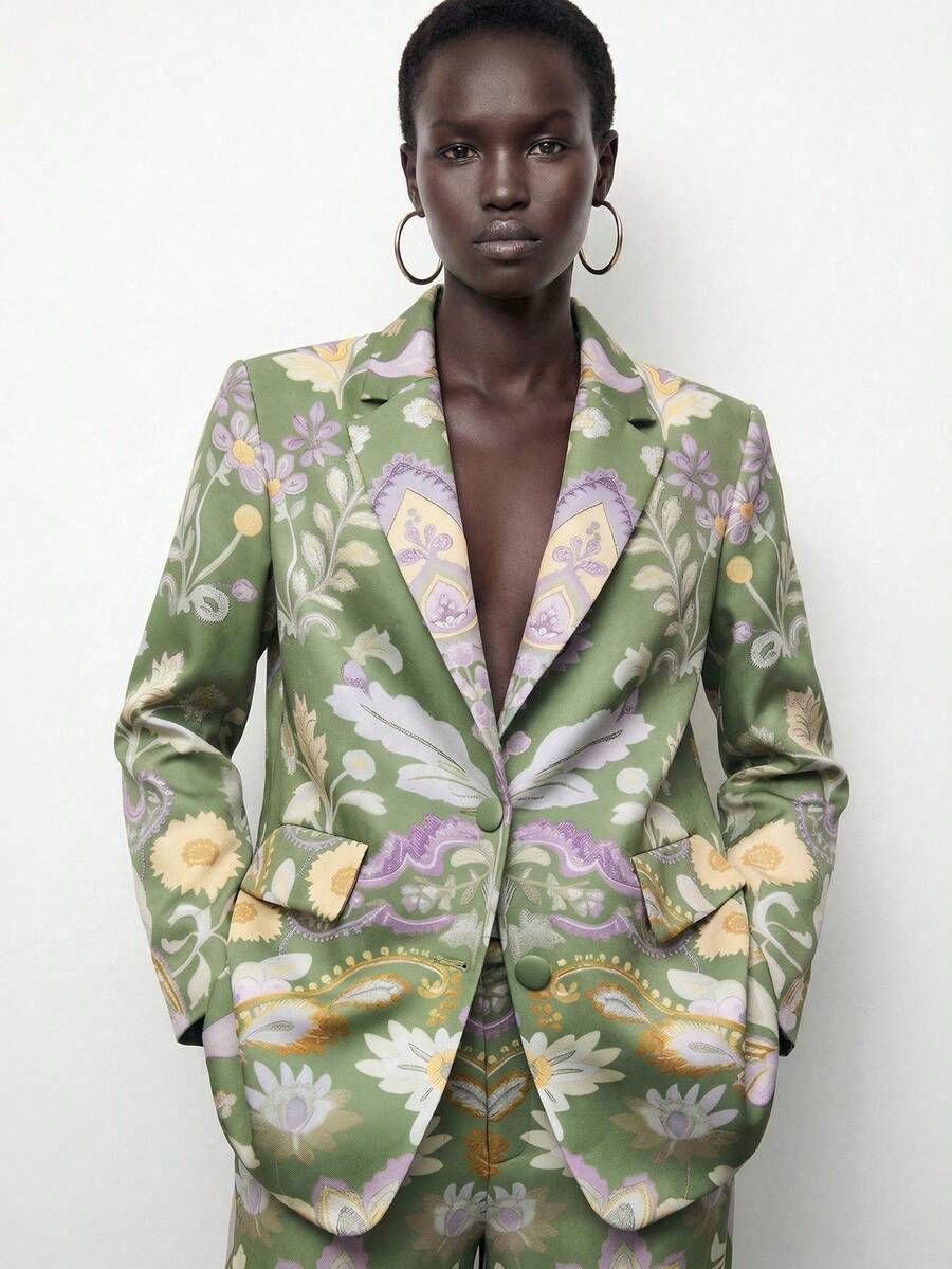 SHEIN X LOS FAVORITOS DE ANA GONZALEZ Maija 女士数码印花绿色单排扣西装外套，休闲度假装，适合圣帕特里克节、复活节、春假、音乐节等场合，秋冬季复古风尚之选。 - 綠色 - 查看 1