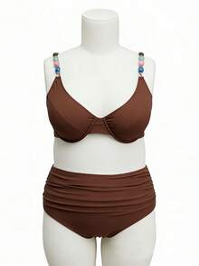Swim Chiccia Plus Size Women's Soft Cup Underwire Top & Printed Triangle Bottoms Bikini Set - Chocolate Brown - View 6