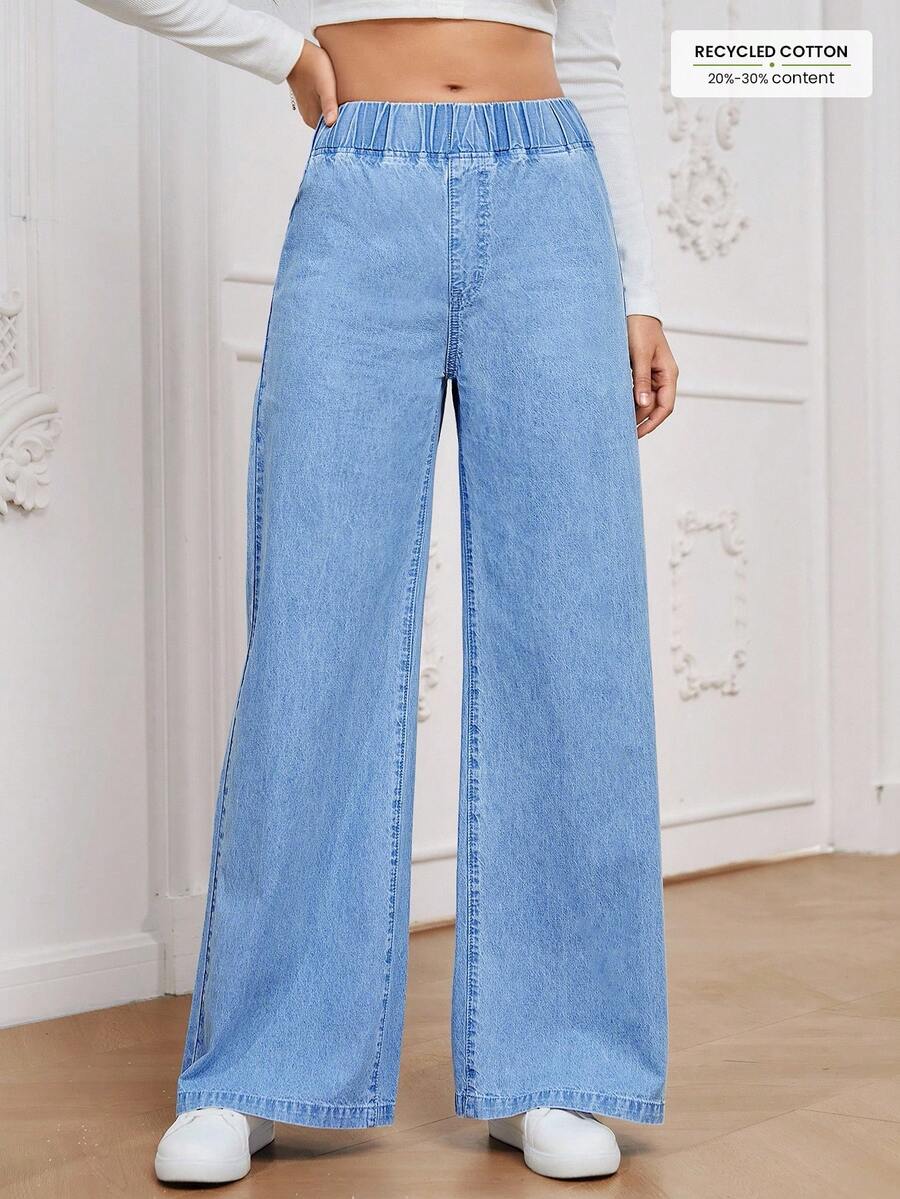 SHEIN PETITE Women's Light Blue Elastic Waist Straight Loose Casual Versatile Jeans - Blue - View 1