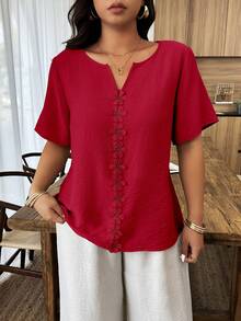 Weeklong Plus Size Women's Spring/Summer Vacation Floral Patchwork Ruffle Trim Loose Short Sleeve Top - Red - View 4