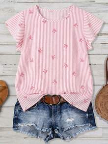 EMERY ROSE Plus Size Bow Tie Pink Print Casual Cute Shirt, Suitable For Home Outdoor Wear In Summer Vacation - Pink - View 1