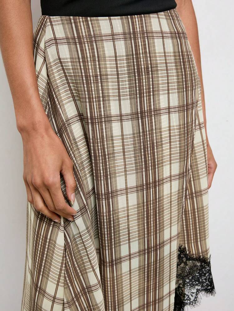 SHEIN Maija Women's Plaid Lace Patchwork Casual Versatile Date Night Skirt,Holiday Outfits For Women