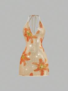 Sweetra 大尺碼女款米色夏季少女風夜店風優雅花卉亮片閃粉V領露背綁帶迷你洋裝，適合派對、度假、嘉年華 - 彩色 - 查看 1