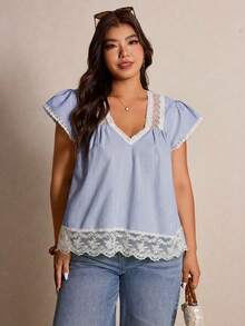 Elaquor Plus Size Summer Casual Striped Contrast Lace Tie Back Shirt - Blue - View 6