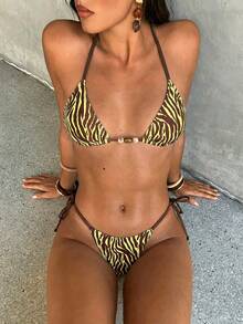 Aloruh 女款斑馬紋掛脖比基尼兩件式泳衣，海灘度假陽光夏季泳裝套裝，灰色豹紋熱帶風情海灘度假穿搭，優雅女款海灘泳衣套裝，2件式比基尼泳裝套裝 - 黃色 - 查看 1