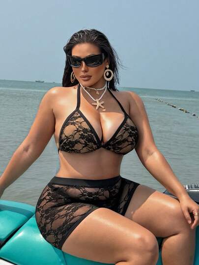 Swim SXY Bộ bikini hai mảnh cỡ lớn dành cho nữ, kiểu dáng mùa hè, phối ren, buộc dây cổ và quần short, gồm 2 mảnh, thích hợp mặc đi biển.