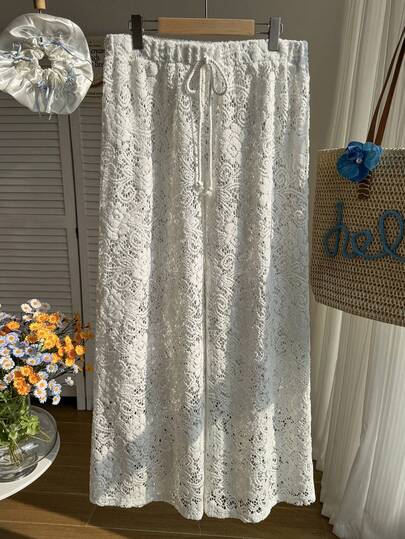 Comfortcana 大码休闲度假风镂空蕾丝透视轻薄花卉蕾丝腰带直筒裤（女款）