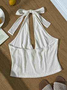 SHEIN EZwear 大码纯色吊带系腰露背短款上衣 - 米色 - 查看 2