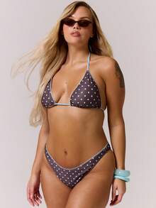 MUSERA Plus Size Polka Dot Contrast Triangle Bikini Top Only Spring Summer Vacation Holiday Cute Elegant Beach Swim Festival Ibiza - Multicolor - View 2