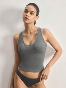 Ocili 1pc Women's Comfortable Minimalist Letter Decor V-Neck Dark Grey Undershirt - Dark Grey - View 1