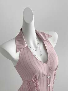 Sweetra Áo sơ mi nữ mùa hè kẻ sọc cổ chữ V, viền bèo nhún phía trước, cài cúc. - Hồng - Xem 3