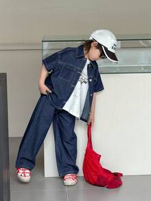 Dazy Kids Fashionable Young BoySummer Short Sleeve Outfit, Children Stylish Denim 2 Pieces Set (Small) - Navy Blue - View 4