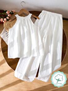 SHEIN Sparklyn 100%纯棉，夏季，波西米亚风，床单，度假，柔软舒适，少女纯色无袖T恤和裤子套装 - 白色 - 查看 2