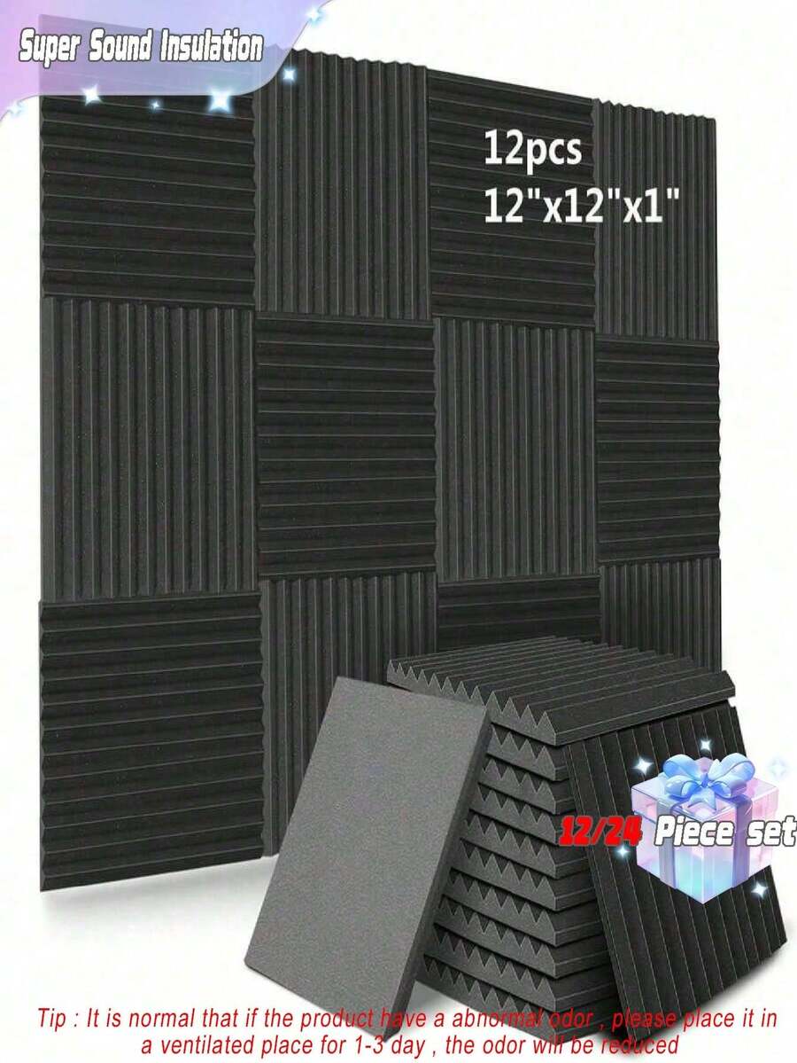 SHEIN 12片装 12*12*1英寸弹性隔音泡沫板，适用于房间、音乐室墙面装饰和吸音，可粘贴于墙面，也可作为墙纸、装饰贴纸使用，春季装饰用品，让您的家焕然一新，节日装饰贴纸，生日毕业礼物。 - 黑色 - 查看 1