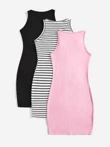 3pcs Tween Girls Casual Minimalist Knit Camisole & Skirt Set - Multicolor - View 2