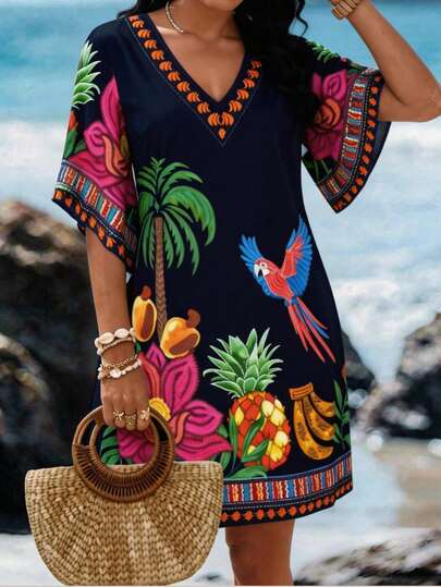 SHEIN Lady CURVE Vestido casual holgado con cuello en V y estampado de palmeras para mujer de talla grande