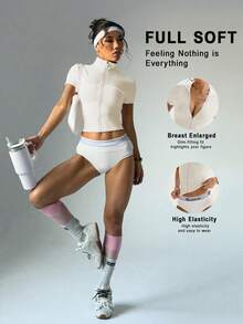 Dewbera Áo khoác yoga dáng ôm đa năng, áo thể thao tay ngắn cổ đứng khóa kéo gợi cảm dành cho nữ. - Màu be - Xem 1