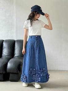 SHEIN 青少年女孩休閒優雅深色純色水洗牛仔長裙，百褶設計，秋冬優雅牛仔裙，商務專業工作女孩，女孩返校返鄉 Y2K 夏季淺色水洗寬鬆百慕達休閒街頭風，舒適時尚，休閒街頭風，夏季，適合春夏穿著，優雅度假穿著，春假夏季海灘度假穿著，舒適時尚，休閒街頭風，夏季，適合春夏穿著，優雅度假穿著，春假夏季海灘度假穿著，節慶派對婚禮畢業舞會生日休閒度假 - 藍色 - 查看 5