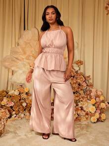 Slaydiva Women's Plus Size Elegant Dusty Pink Summer 2 Pieces Outfit,Backless Tie Strap Top & Wide Leg Pants Set For Holiday,Tea Party,Vacation & Casual Wear - Khaki - View 14