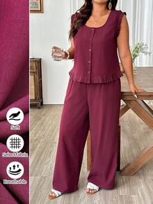 Weeklong Plus Size Women's New Elegant Casual Design Ruffled Trim Sleeveless Top And Wide Leg Pants 2-Piece Set - Burgundy - View 1