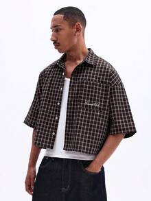 SUMWON Men Black Checkered Short Sleeve Button Down Casual Shirt With Script Embroidery Classic Collar Spring Summer - Black - View 1