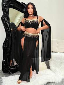 Fantasy Costume Fantasy Costume 5 件大码网状流苏性感内衣套装 - 黑色 - 查看 3